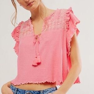 Free People Sarafina Embroidered Yoke Cotton Blend Crop Top Women’s Medium Pink